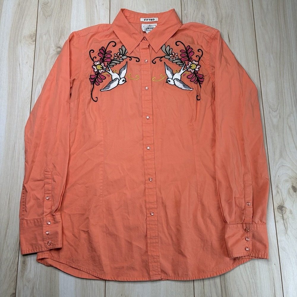 Ariat Embroidered Bird/Floral Pearl Snap Shirt Women's Medium Coral Cotton